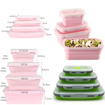 

4PCs Folding Kitchen Refrigerator Storage Box Silicone Food Container Storage Tray Keep Fresh Fruit Lunch Box Container