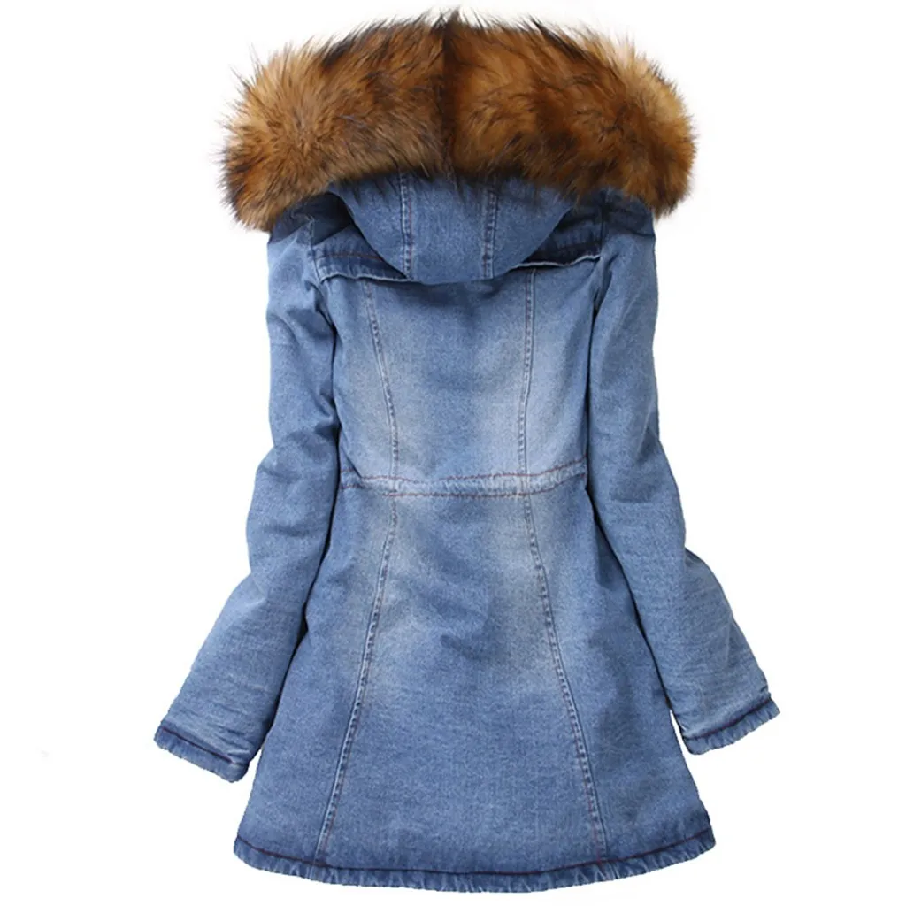 Winter Coat Women Denim Jacket Womens Long Thick Fur Collar Hooded Down Jacket Slim Winter Warm Jeans Coat abrigo mujer