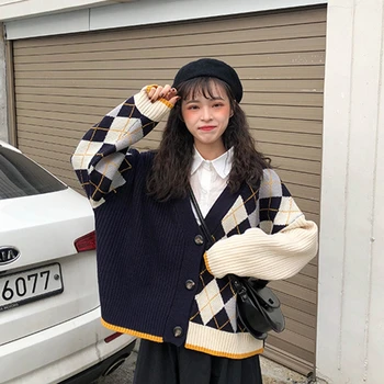 

Women Cardigan Korea Retro Plaid Contrast V-neck Sweater Cardigan Winter Outer Knit Sweater Women Knitting Tops Coat