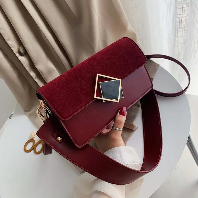 

Simple retro design elegant ladies small square bag fashion contrast color matte shoulder bag wide shoulder strap messenger bag