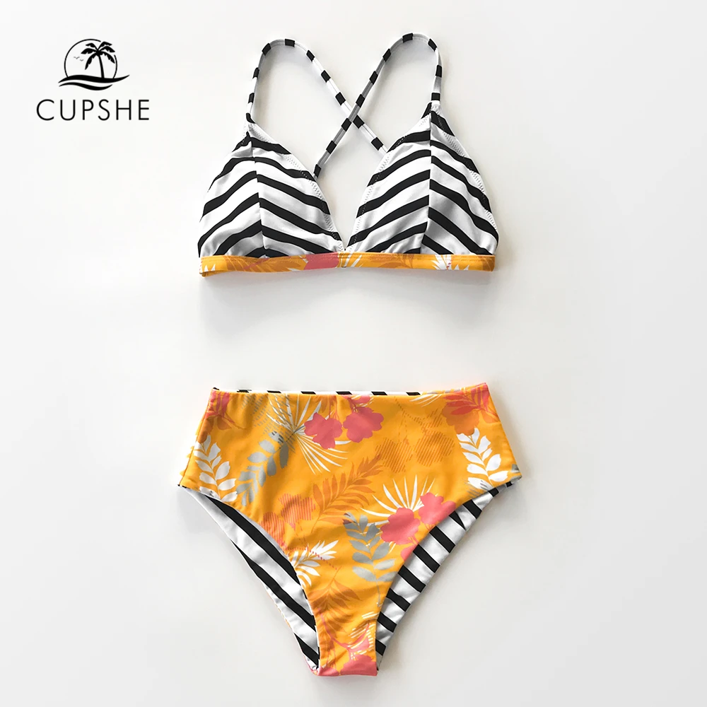 Skup CUPSHE Stripe i z kwiatowym wzorem długa zwężona dwustronna Bikini Set Sexy strój kąpielowy strój kąpielowy dwuczęściowy kobiet 2020 strój kąpielowy