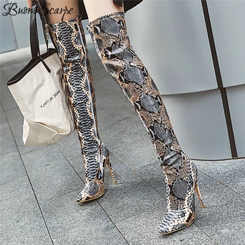 

Buono Scarpe Animal Print Women Thigh High Boots Sexy Over The Knee Snake Print Prom Botas Mujer Thin High Heel Long Boots 2019