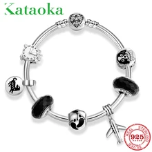 Оригинальные 925 пробы Серебристые черные стеклянные бусины с воздушными бусинами браслет чарующая подвеска покрытая эмалью для женщин DIY 925 ювелирные изделия