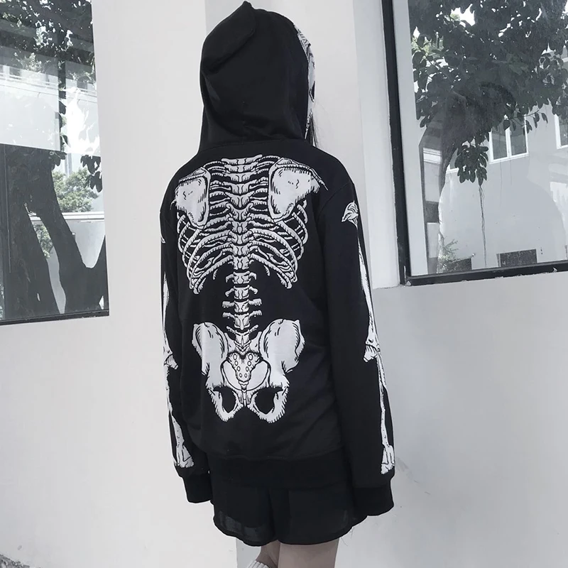  InsGoth Skull Printed Women Hooded Sweatshirts Gothic Halloween Party Black Hoodies Loose Oversize 