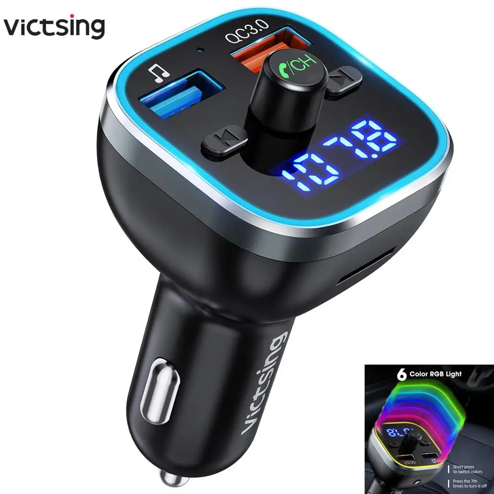 

VicTsing H37 Bluetooth FM Transmitter QC3.0 Quick Charge Hi-Fi Wireless Radio Adapter with RGB Light Hands-free & U Disk/TF Card