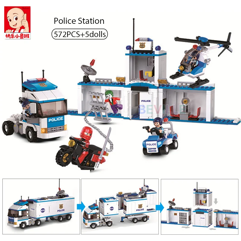 Sluban 572Pcs Mobile Police Station Truck SWAT Blocks Air Search Aircraft Policeman Cop Car Bricks For Children Boy