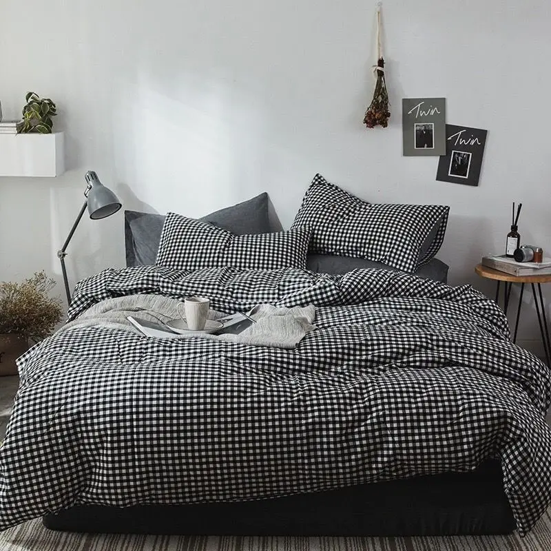 Nordic Bedding Set Black And White Grid Quilt Cover Flat Sheet
