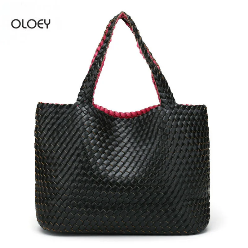 OLOEY, новинка, женская сумка, двойная сумка на плечо, PU тканая сумка, двухсторонняя, два цвета, два назначения, Большая вместительная сумка-мешок