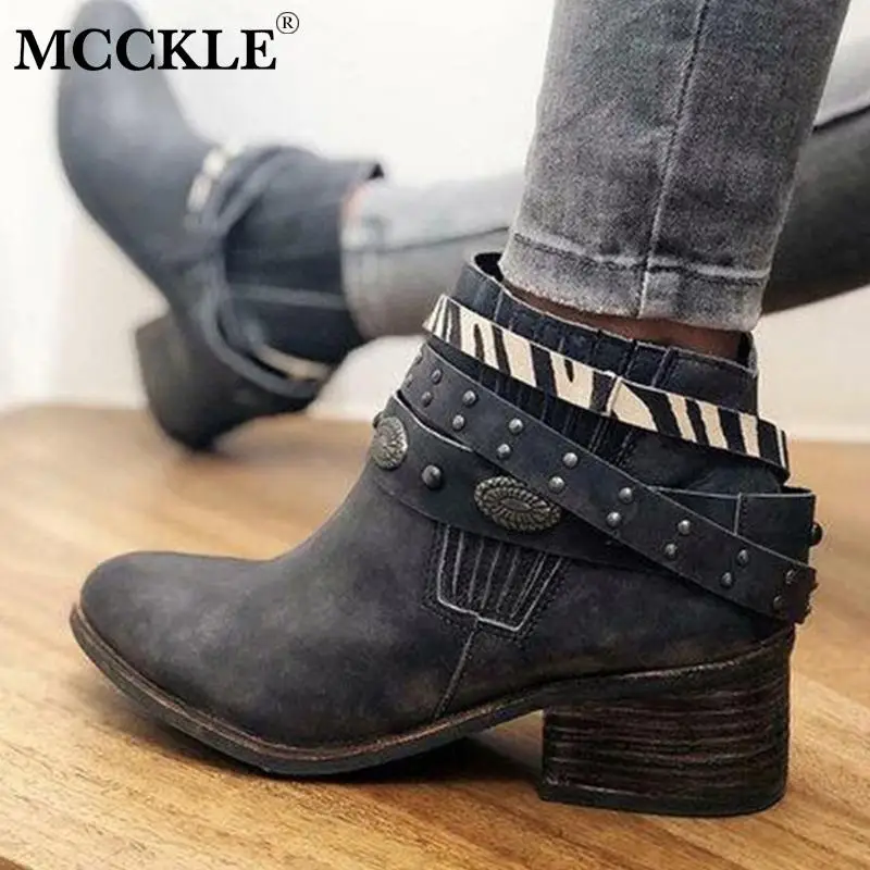 

MCCKLE Women Rivet PU Leather Ankle Boots Autumn Casual Boots Female Slip On Platform Square Heels Ladies Shoes Plus Size