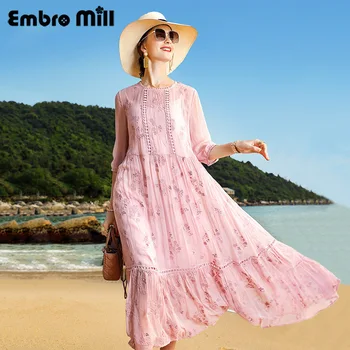 

Silk Loose Dress Female New Summer Beach Dress Silk O-Neck Three Quarter Sleeves Vacation Mid-Length Dress S-XL