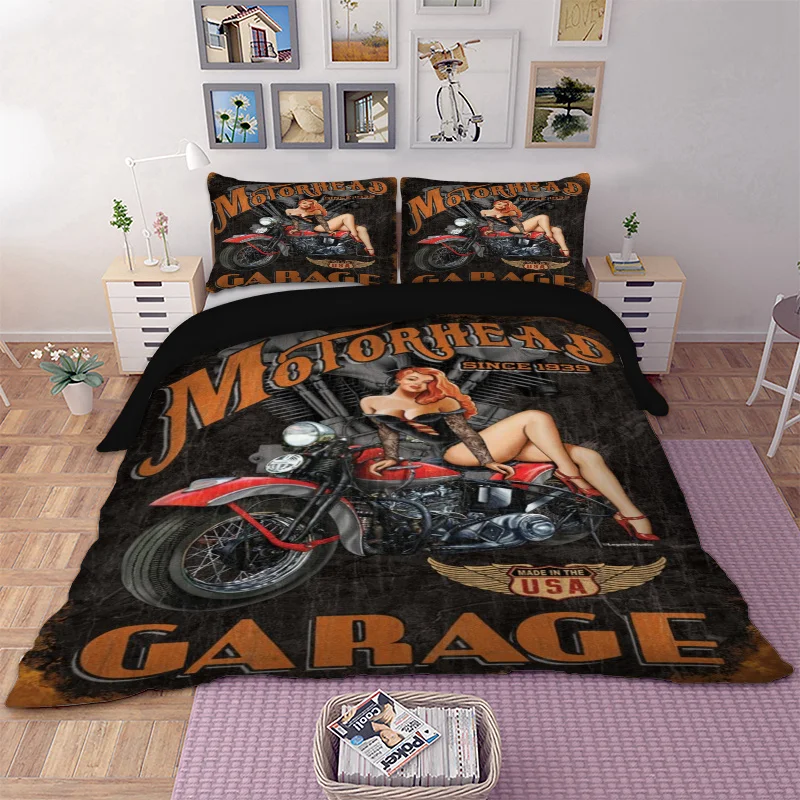 Мотоцикл сексуальная красота гараж постельные принадлежности наборы 3d печать пододеяльник наволочка 3 шт двойной королева king размер постельное белье 3 шт
