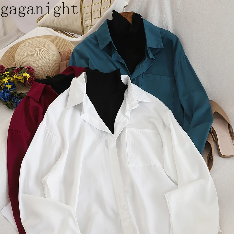 Женская офисная блузка Gaganight белая с длинным рукавом и высоким воротником в стиле