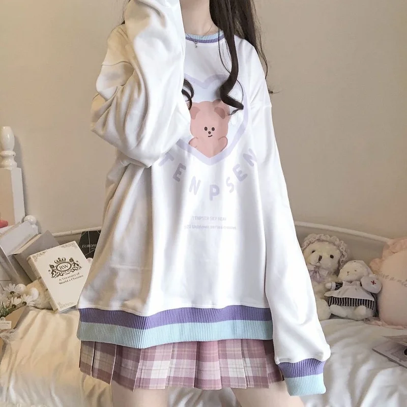 2021 Autumn Bear Hoodies Femme Patchwork Pullovers Sweatshirt Women Fashion Kawaii Clothes MINGLIUSILI Casual Long Sleeve Top