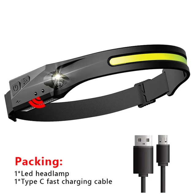 5 Lighting Modes COB LED Headlamp Sensor Headlight USB Rechargeable Head Lamp with Built-in Battery Flashlight Torch Work Light 1 pack