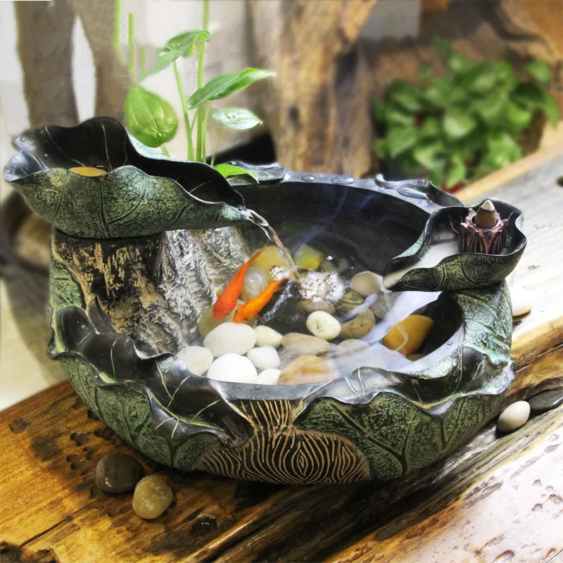 

Resin Lotus Water Fountain Ornaments Indoor Feng Shui Crafts Office Waterscape Small Fish Tank Wedding Gifts Home Decoration