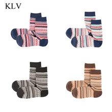 4 пары, Женские винтажные рождественские хлопковые носки, этнические полосатые ромбовидные контрастные цвета, зимние вязаные носки Harajuku