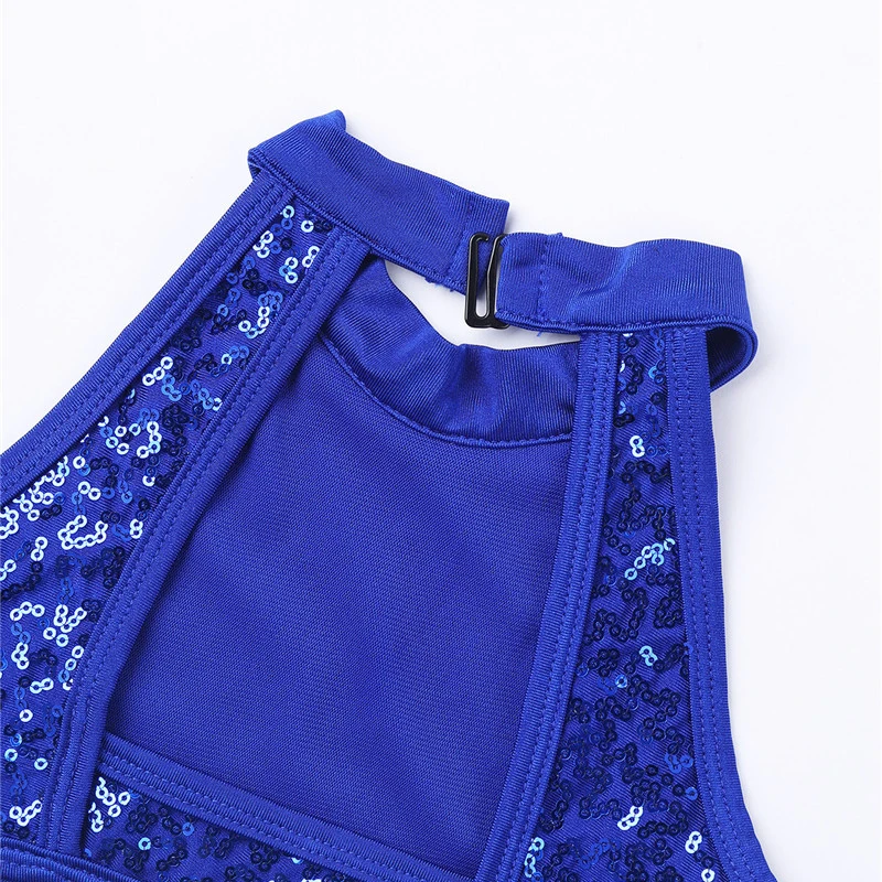 Kids Girls Gymnastics Leotards Child Sparkly Sequins Dancewear Sleeveless Cutouts Back Strappy On Waist Ballet Dance Jumpsuit Children Dance Leotards Gymnastics Dancewear Sets