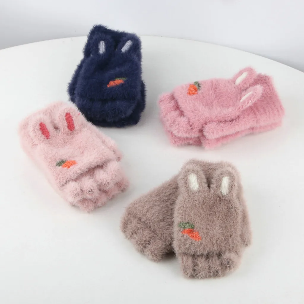 Женские плюшевые перчатки для девочек, теплые перчатки с наполовину пальцами на открытом воздухе, варежки для детей, плюшевое вязаное, тёплое, зимнее лыжное перчатки# p8