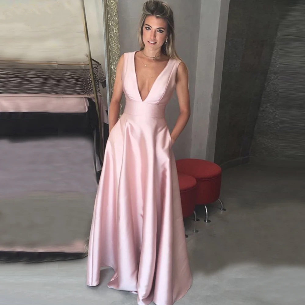 Blush Pink Evening Dress 2020 Sexy V Elegant Satin Narrow Waist Formal Abiye Pockets Prom Party Dress vestido longo festa
