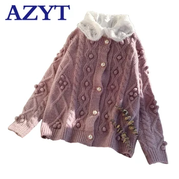 

AZYT 3D Plush Ball Knitted Cardigan Women Jacket Autumn 2020 Pearl Buttons O Neck Sweater Coat Harajuku Loose Female Cardigan