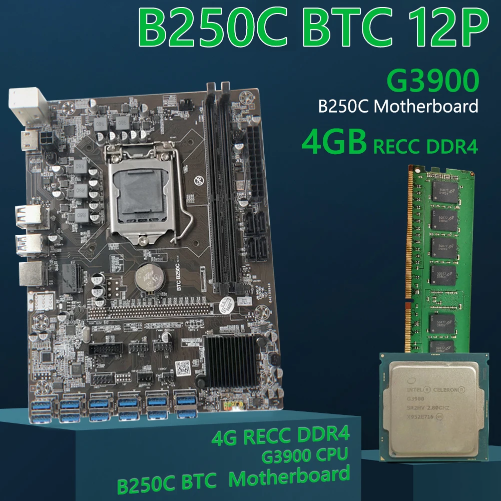 B250C BTC 12x USB3.0 к Pcie 16X материнская плата для майнинга ПК G3900 ЦП процессор DDR4 2133 4G