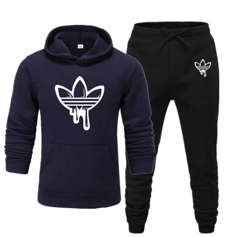 navy black Зимний фирменный теплый спортивный костюм, флисовый плотный спортивный костюм, толстовки, мужской костюм, толстовка с капюшоном+ штаны, мужские костюмы - Цвет: navy black