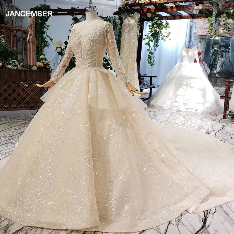 HTL627 luxury wedding dresses long sleeve o-neck heavy handmake bead gowns 2020 keyhole back vestido de novia con manga | Свадьбы и