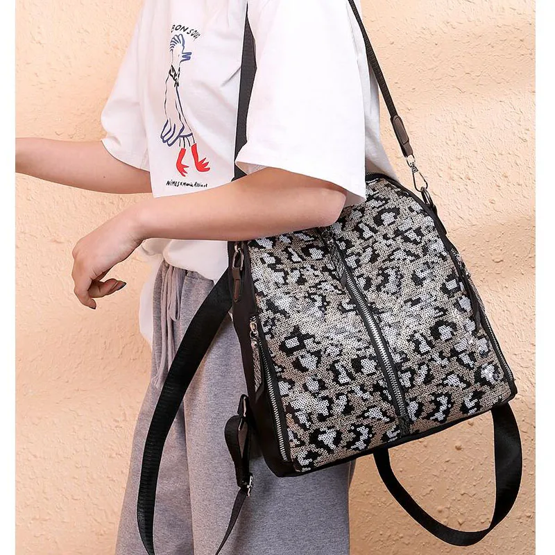 Новая многофункциональная дамская сумка, сумка на плечо для мам, повседневный женский рюкзак с леопардовым принтом и блестками, дорожная сумка, сумка для хранения для ухода за ребенком