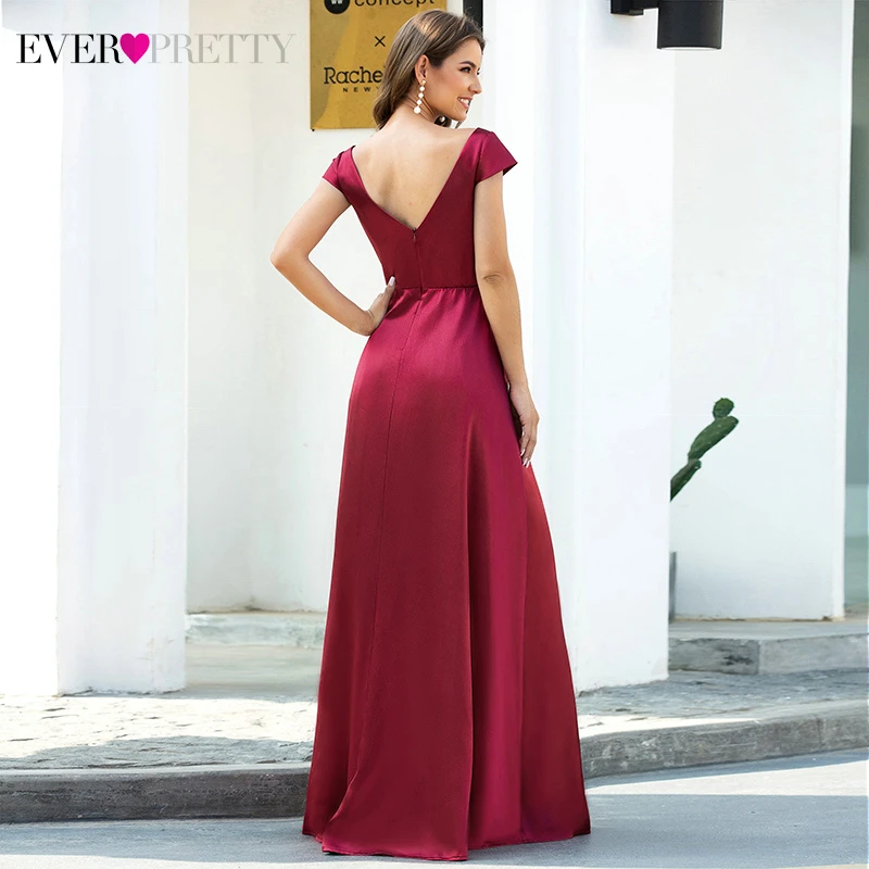Burgundy Satin Prom Dresses Ever Pretty Double V-Neck Cap Sleeve A-Line Draped Elegant Formal Dresses For Party Vestidos 2020