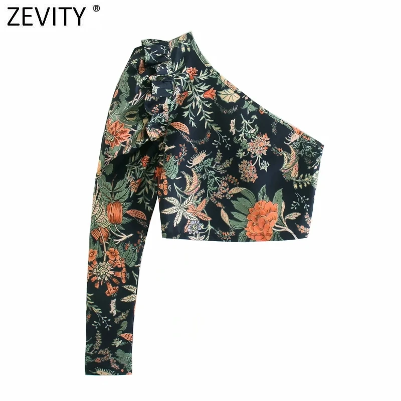 Женская короткая блузка Zevity с цветочным принтом на одно плечо оборками боковой