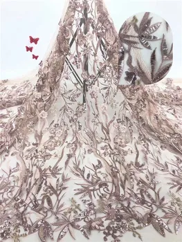 

Hot sale with embroidery French mesh lace fabric elegant net lace material with sequins for dress PDN767(5yards/lot)