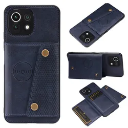 Luxury Leather Wallet Case with Car Magnetic Holder and Card Slot Cover for Mi 11 Lite 5G NE (Blue)