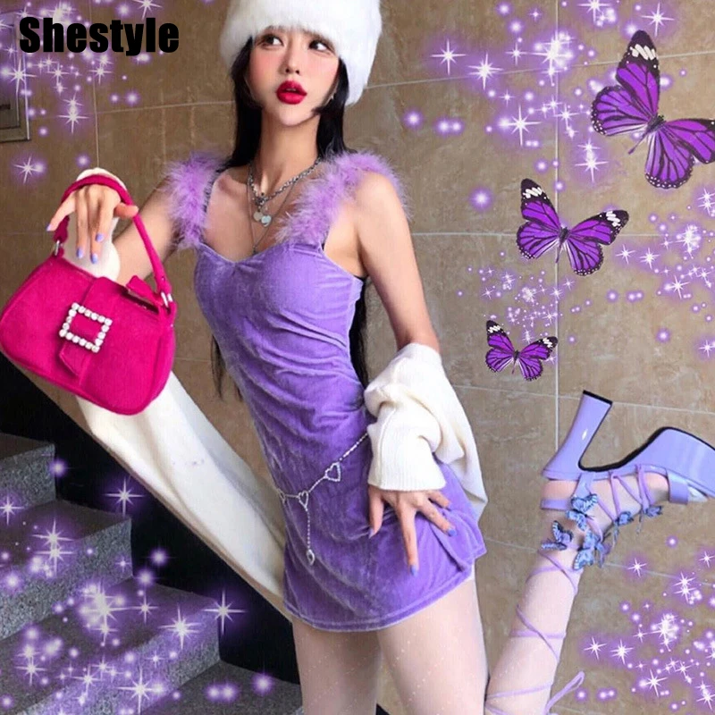 Женское бархатное платье Shestyle фиолетовое с поясом из меха сексуальное