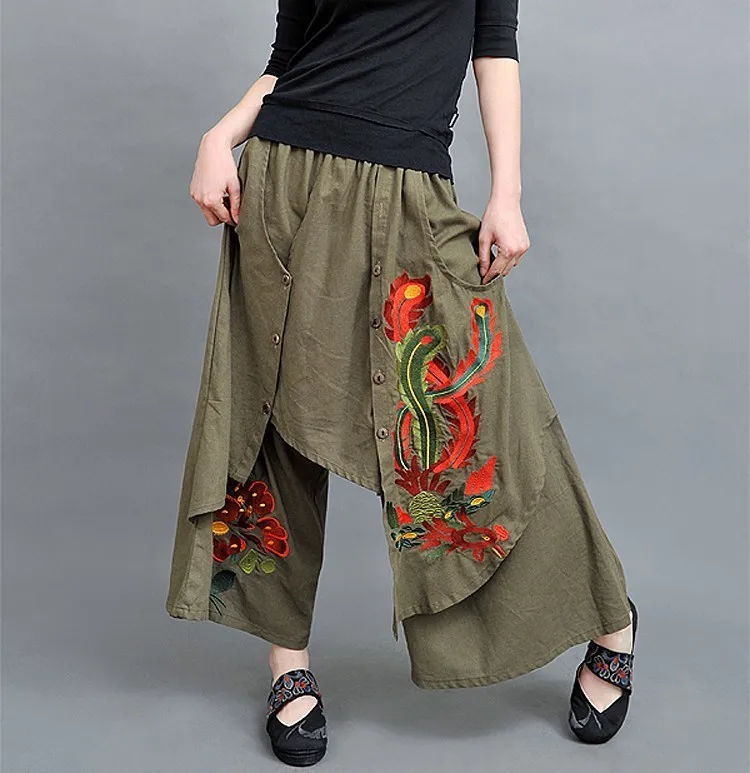 2801 летняя Вышивка Цветочные пуговицы повседневные винтажные тонкие широкие брюки для женщин плюс размер юбка брюки хлопок льняные брюки свободные