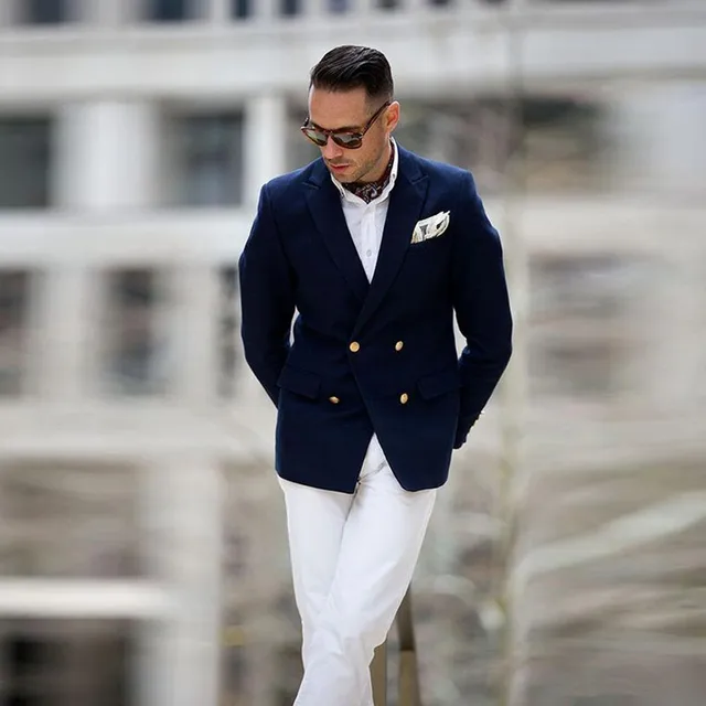 blue coat with white shirt