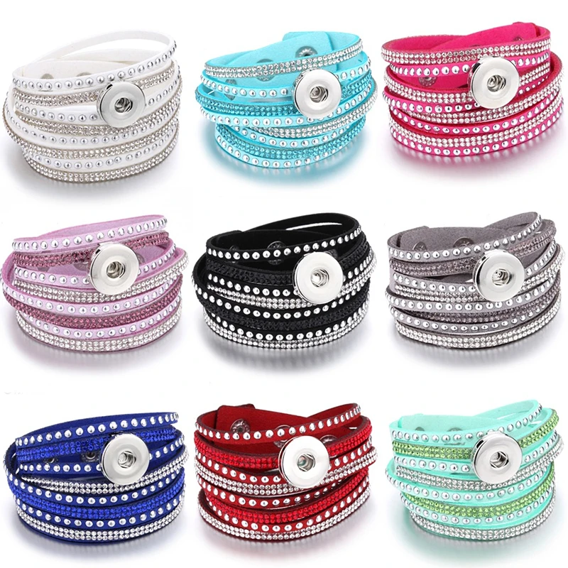 New Leather Snap Bracelet for Women Rhinestone Crystal Multilayer Leather Bracelet Diy 18mm Snap