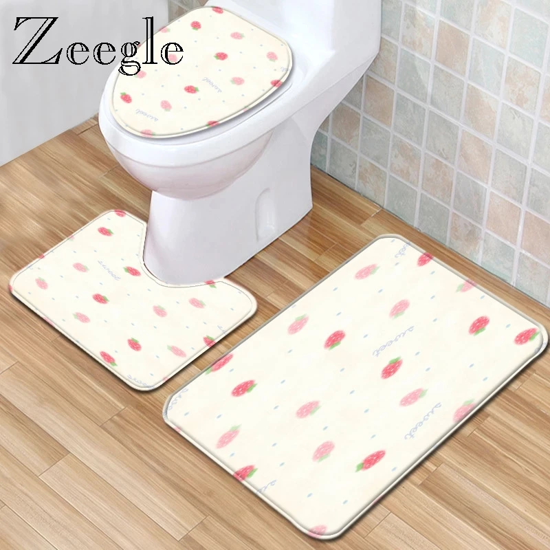 Zeegle 3pcs Bath Mat Set Anti Slip Toilet Seat Cover Mat Washable Flannel Bathroom Rug Bathroom Shower Foot Rug Absorbent Rug