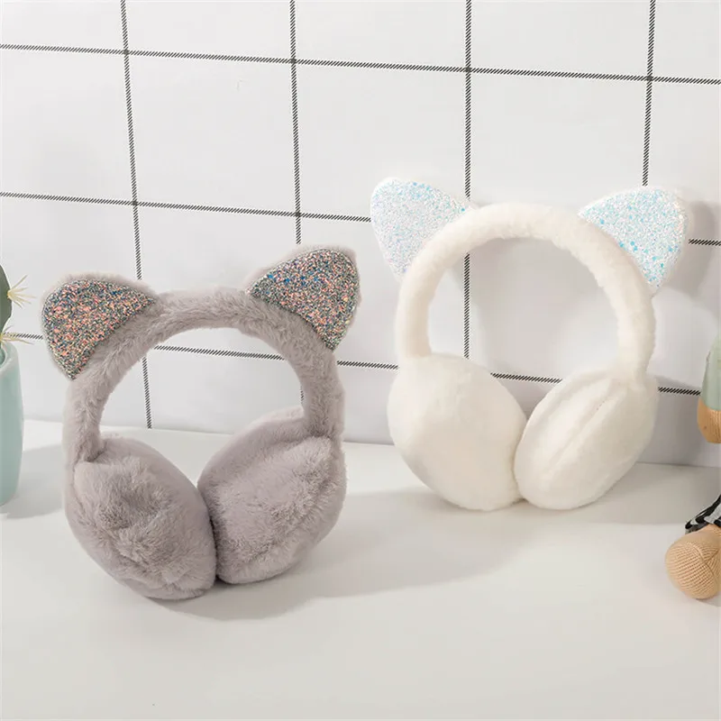 Winter Autumn Faux Fur Earmuff Ladies Cute Cat Sequined Ear Earflap Plush Warm Earmuff For Girls Women Hairbands Shiny Ear Muffs