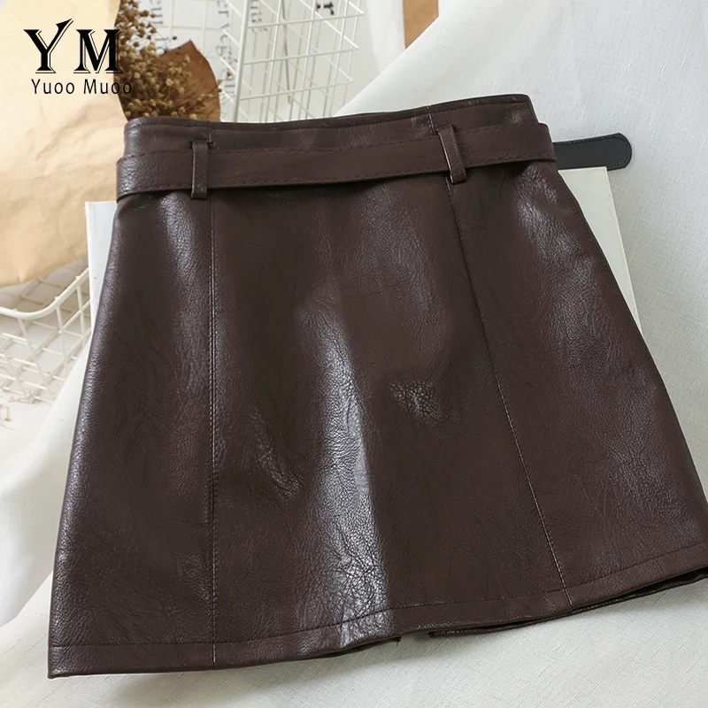 YuooMuoo кожаная женская юбка, осень, корейская мода, на молнии, дизайн, ПУ, трапециевидная юбка, элегантная, высокая талия, мини юбка с поясом