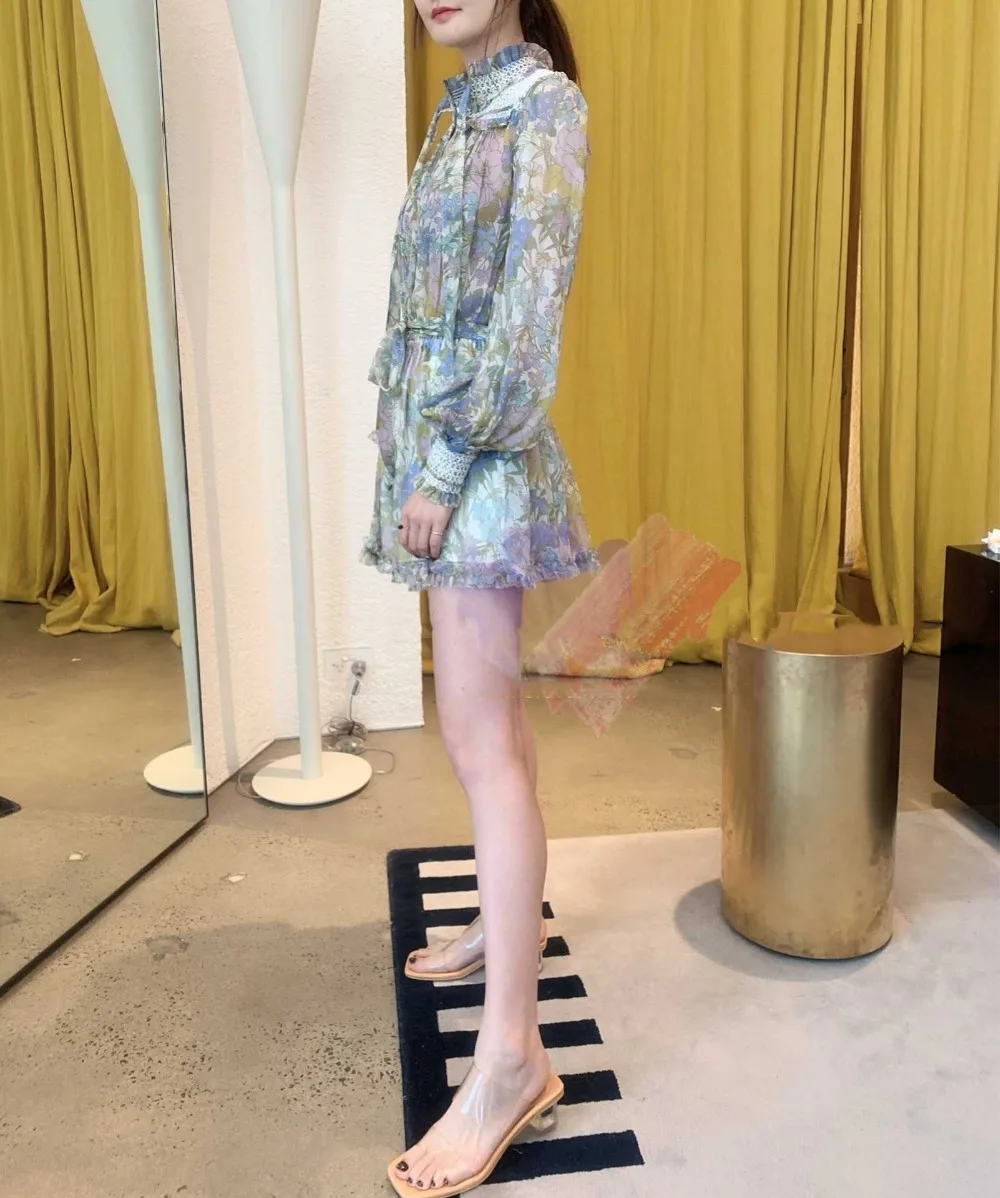 [LIVIVIO] Fashion Tumblr Autumn Winter Light Blue Floral Print Stand Collar Waist Cuff Long Sleeve One-Piece Shorts Playsuit