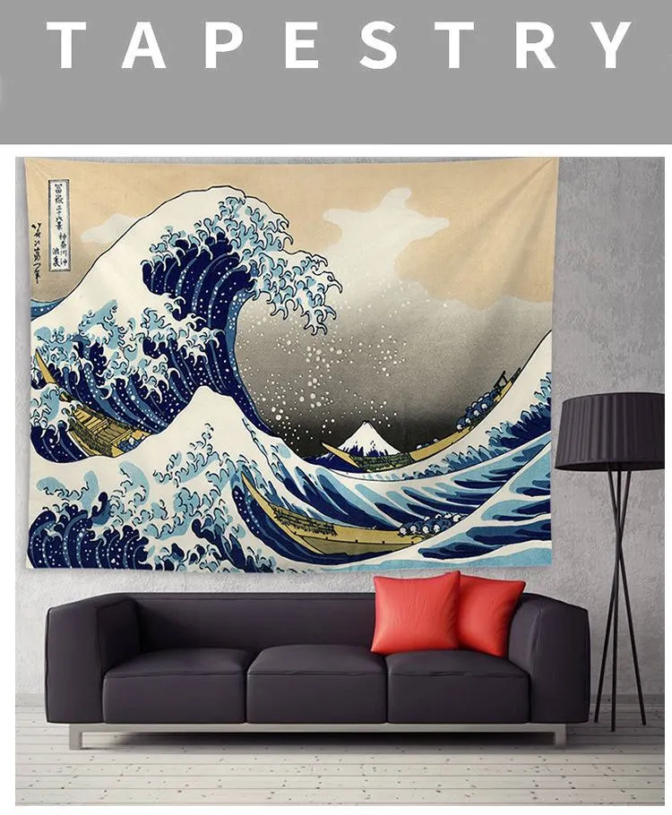 Japan Kanagawa Printed Hanging Tapestry Cilected Great Wave Painting Tapestry Polyester Boho Bedspread Yoga Mat Blanket