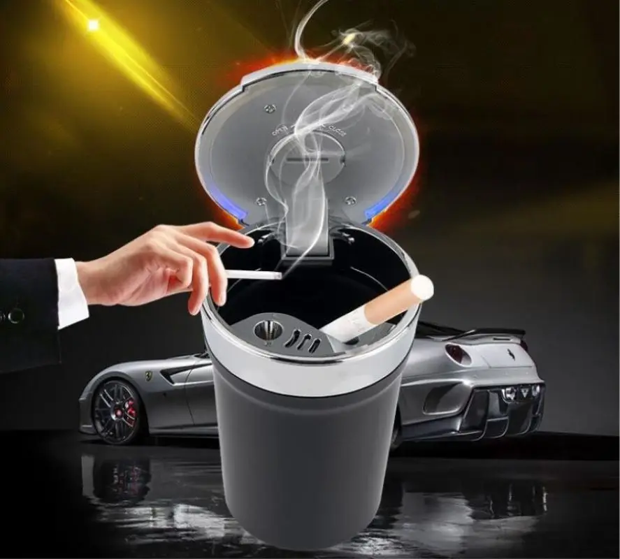 

New Design Blue LED Light Car Ashtray with Cover Garbage Coin Storage Cup Container Fireproof Cigar Ash Tray Auto Accessories
