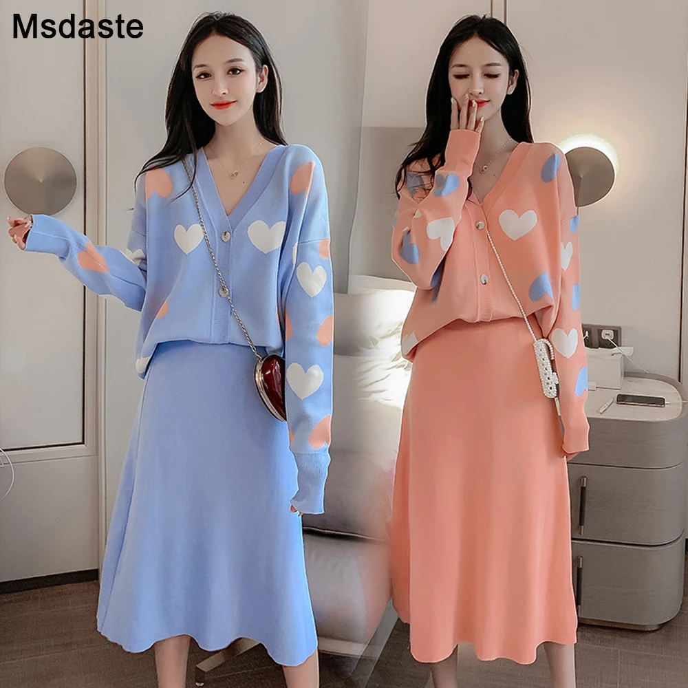

Women Set 2 Piece Knitted Sweater Cardigan Top + Skirt Long Sleeve V Neck Elastic Waist Ladies Knit Skirts Female Sweaters Suit