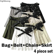 Большой размер над размером d высокая талия ремень-кольцо цепь сумка Сексуальная Мини плиссированная юбка Уличная панк Униформа Харадзюку 90s корейский готический