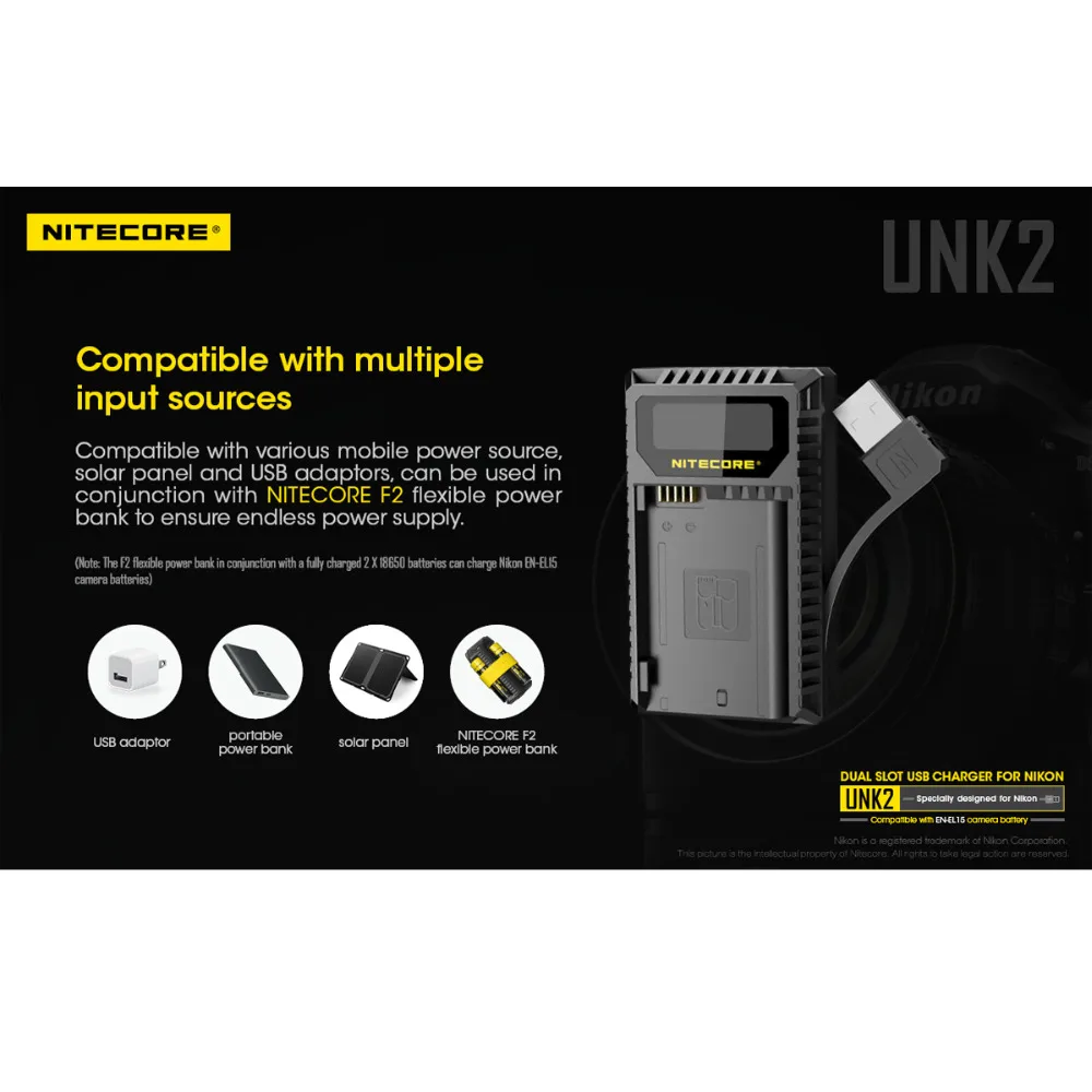 Nitecore UNK2 Dual USB Зарядное устройство для Nikon EN-EL15 Батарея D500 D600 D610 D750 D800 D800E D810 D810A V1 1V1 D850 D7000