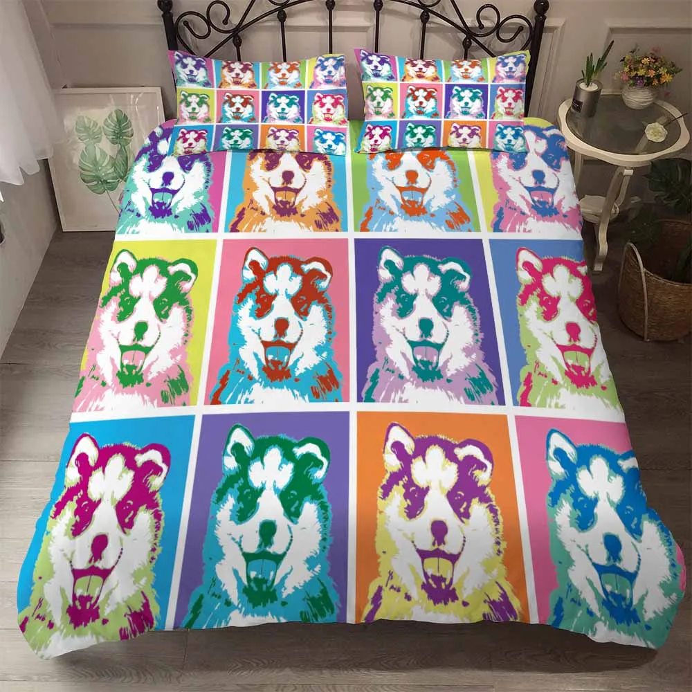 Naughty Husky Colorful Squares Bedding Set Skin-friendly Duvet Cover Kids Room Comforter Sets Boy Single Double Bed Quilt Set