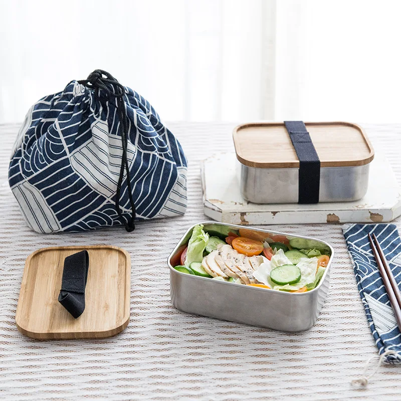 800ml Stainless Steel Lunch Box with Bamboo Lid Bento Sushi Snacks Container Convenient Holder Silver