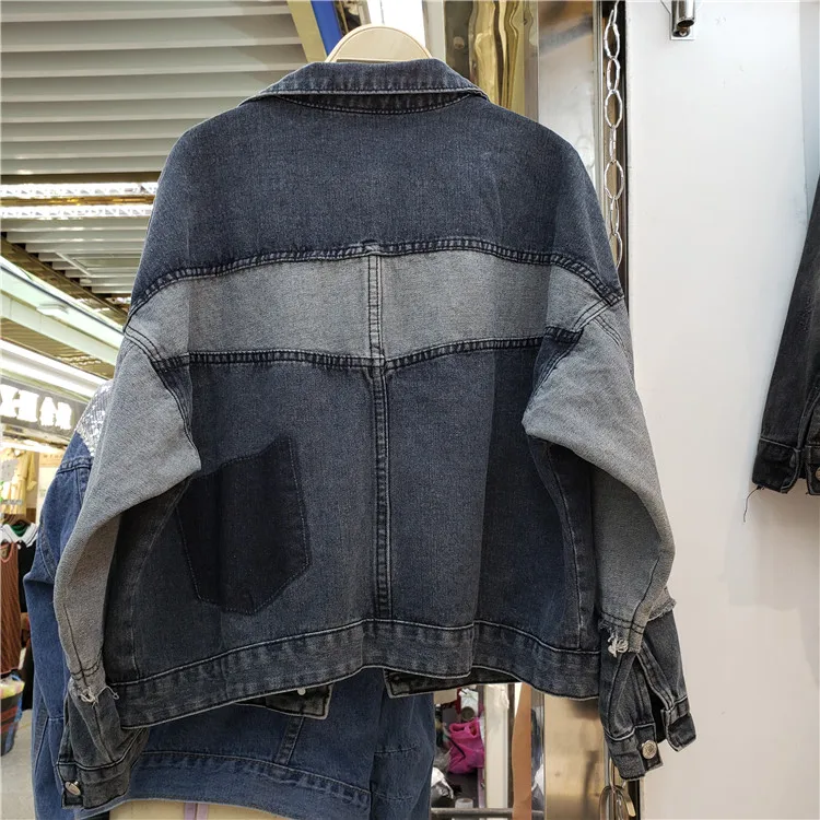 Street wear Short Grey Black Stitching Long Sleeve Denim Jacket for Women Retro Autumn Jean Jacket Ladies Slim Coat