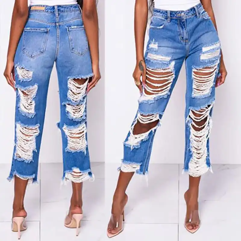 Kids Girls Fashion Denim Long Pants Holes Patch Jeans | Shopee Malaysia