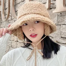 Новая осенне-зимняя женская теплая шапка с ушками из овечьей шерсти, бархатное ведро, шапка для женщин и девочек, шапка в рыбацком стиле, Повседневная милая плюшевая шляпа, Панама